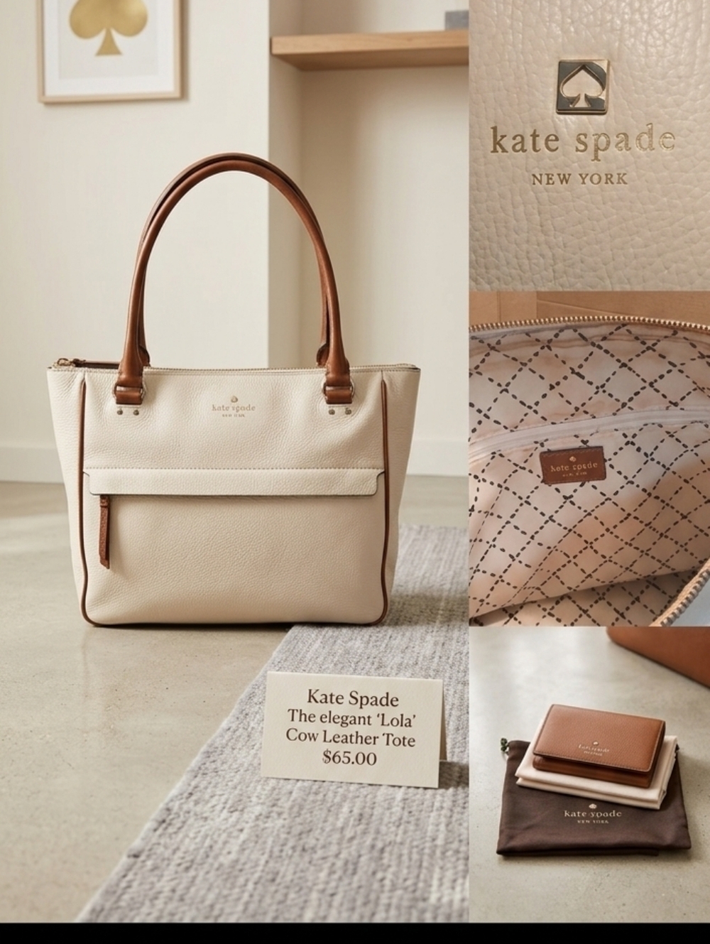 KATE SPADE Elegant Cream AND BROWN 100% COW Leather Tote Bag